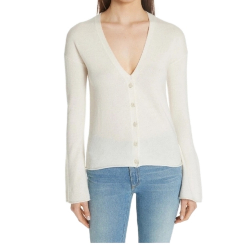 Theory Cream Cashmere Bell Sleeve Knit Cardigan Sweater